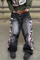 Vintage Washed Distressed Wide-Leg Denim Jeans