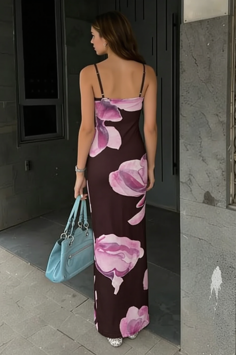 Romantic Tropical Curve Hugging Long Slip Dress