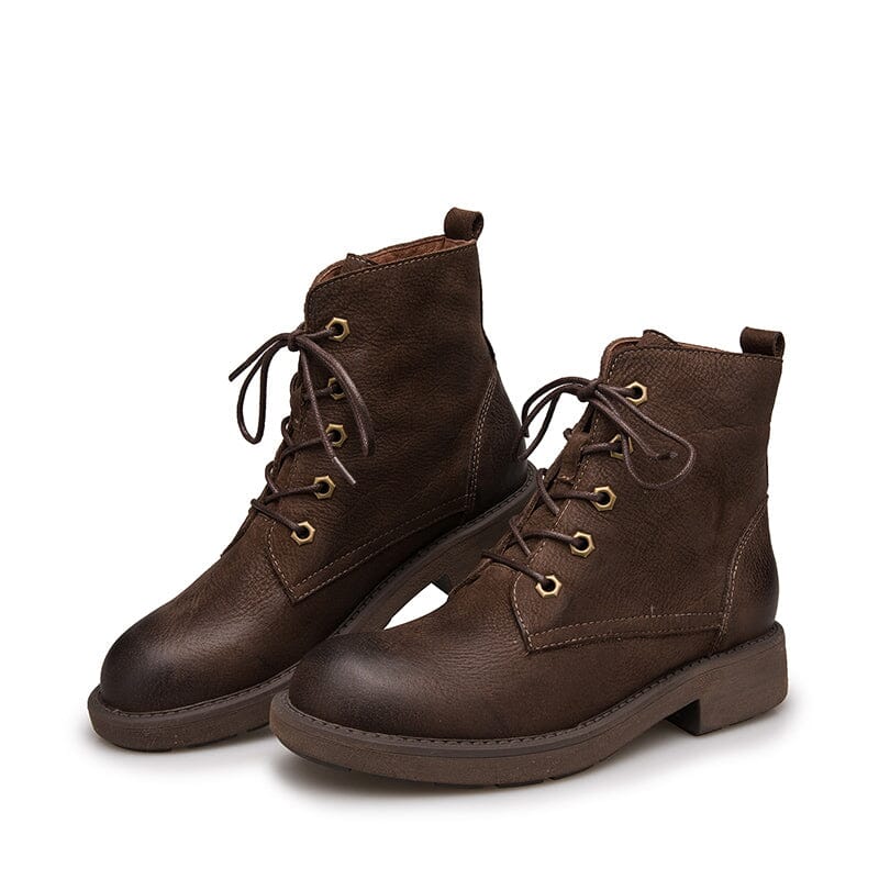 Full Grain Leather Combat Boots Designer Retro Chunky Boots Coffee/Black
