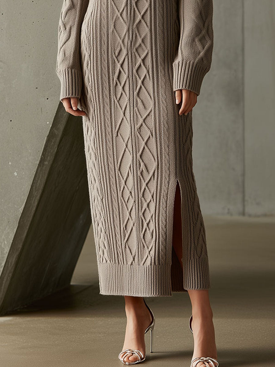 Half-Zip Collar Cable Knit Maxi Dress Sweater Dress With Side Slit