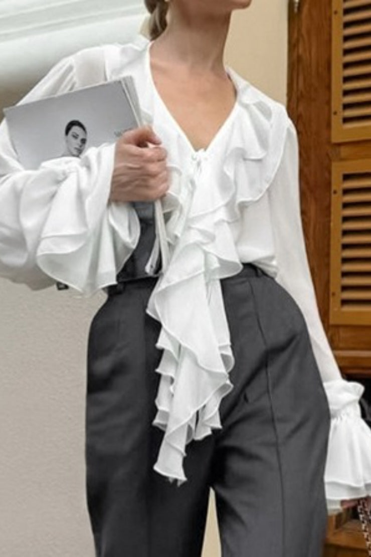 Ruffled V-Neck Tie Long Sleeve Blouse