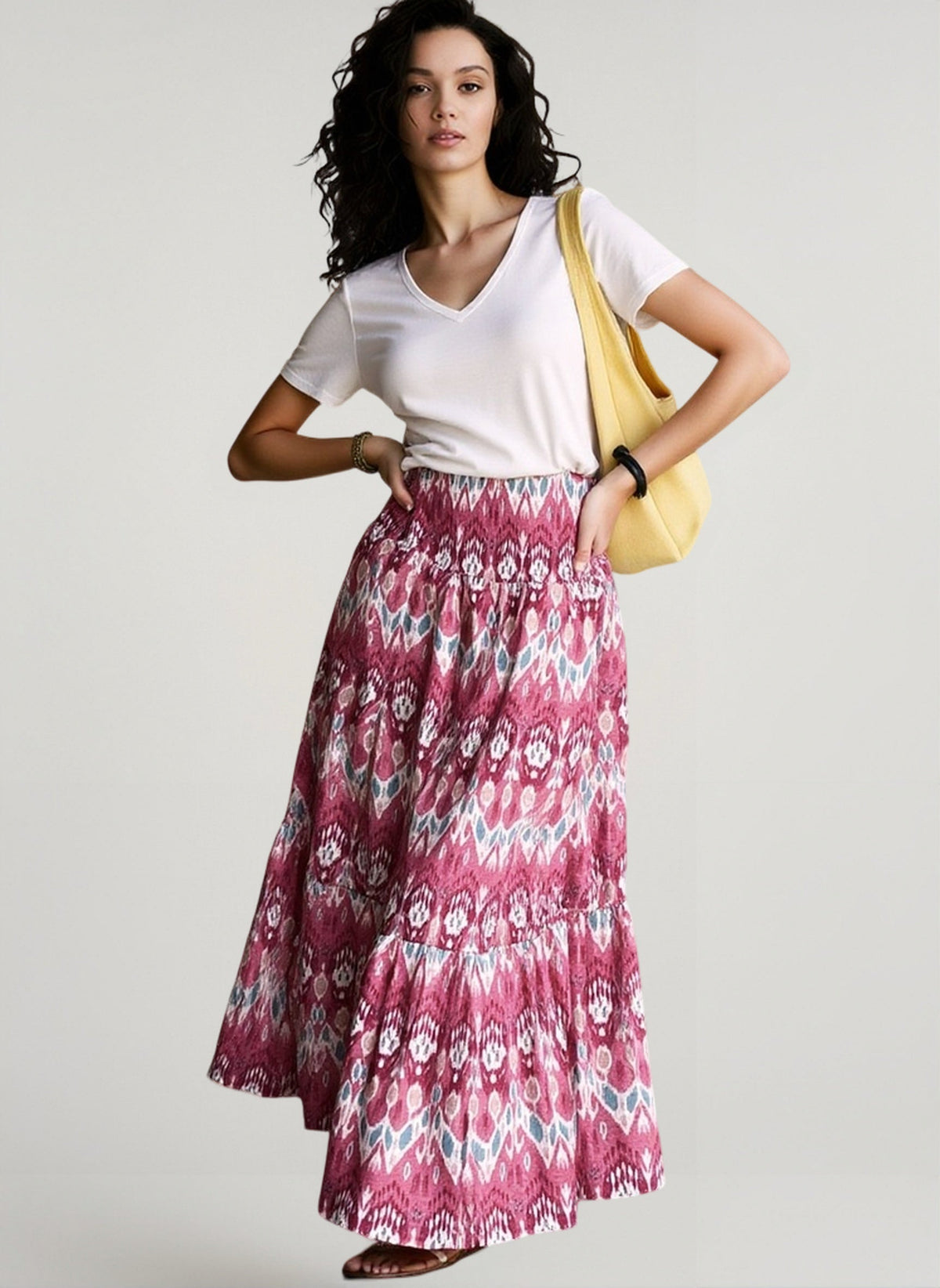 Ikat Print Smocked Waist Tiered Boho Maxi Skirt