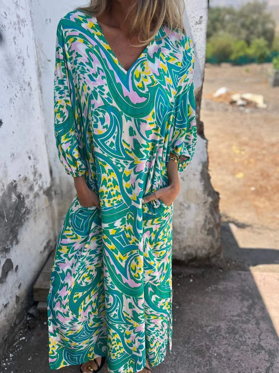 Full Size Printed V-Neck Dress with Pockets Plus Size Turquoise