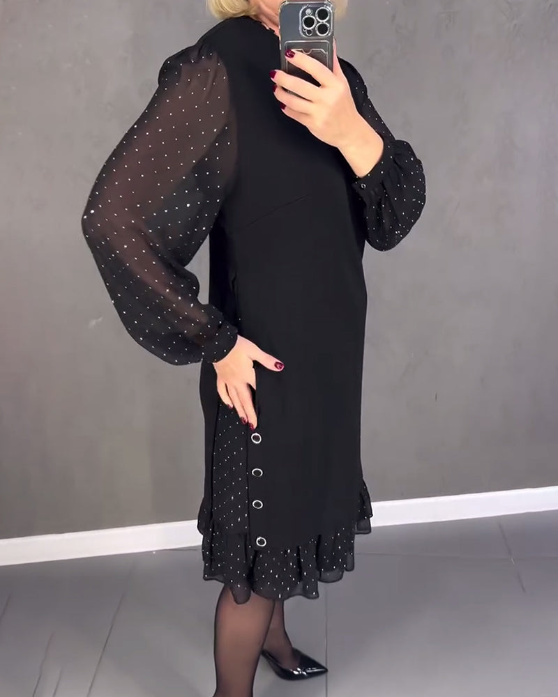 Round Neck Sheer Dot Sleeve Ruffle Hem Shift Midi Dress