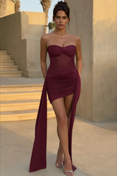 Sexy Strapless Backless Ruched Mesh Paneled Party Dress 5