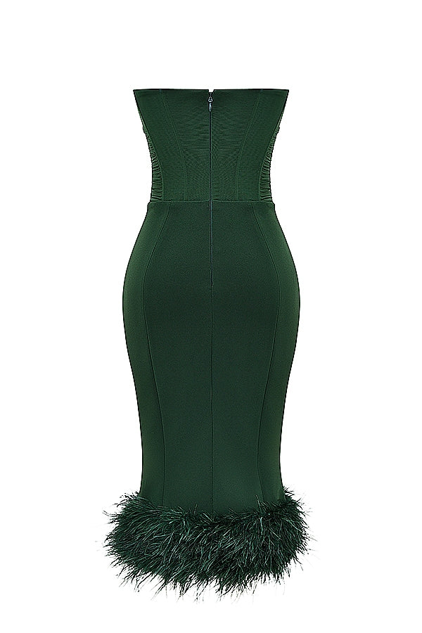 Strapless Corset Bodice Feather Trim Hem Bodycon Midi Dress 12