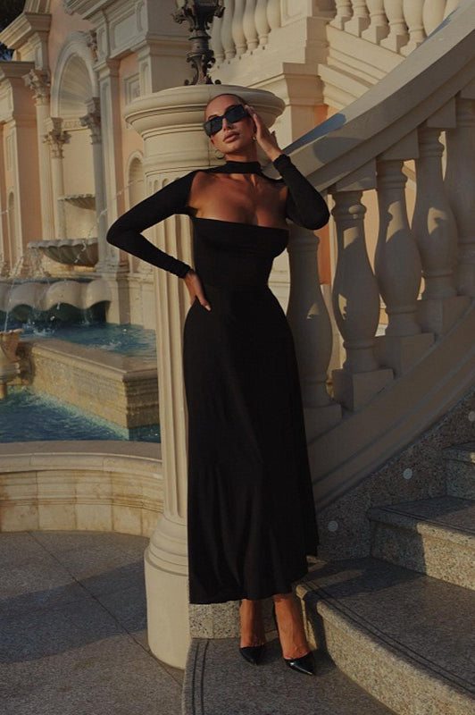 Halter Neck Off Shoulder Long Sleeve Fit and Flare Maxi Dress