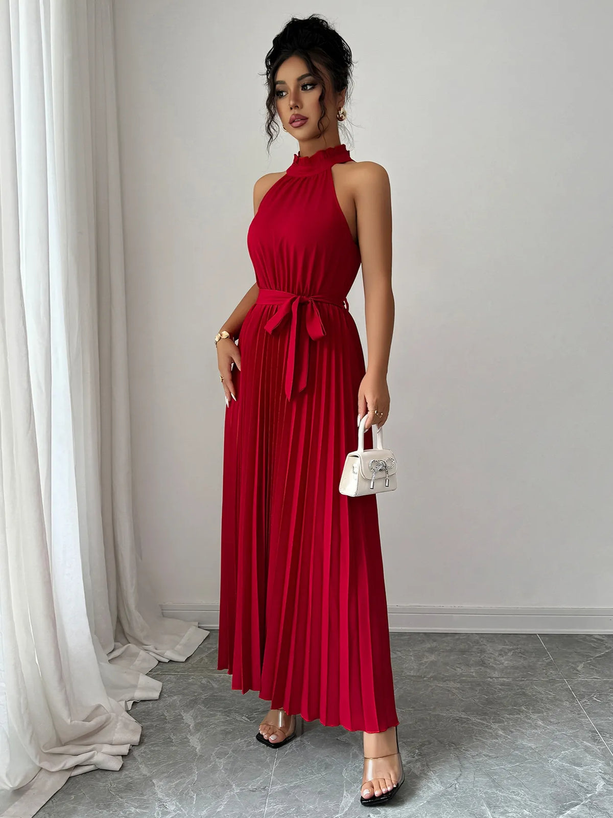 Pleated Halter Neck Tie Waist Maxi Dress