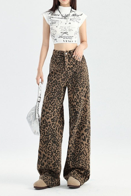 High Waist Leopard Print Wide Leg Denim Jeans 3