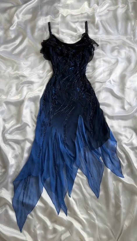 Charmong Navy Blue Chiffon Beaded Long Prom Dress Formal Party Dress  cc1416