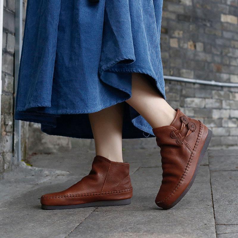 Retro Handmade Leather Ankle Booties For Women Low Heel Winter Casual Boots Yellow/Brown/Coffee