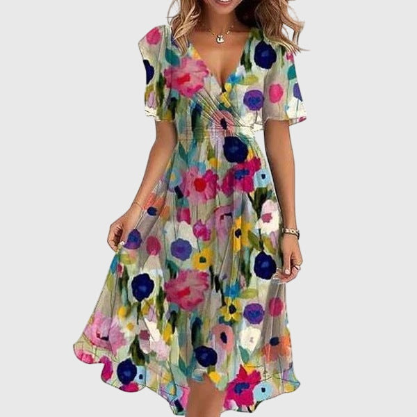 Floral Print V-Neck Flutter Sleeve Handkerchief Hem Midi Dress