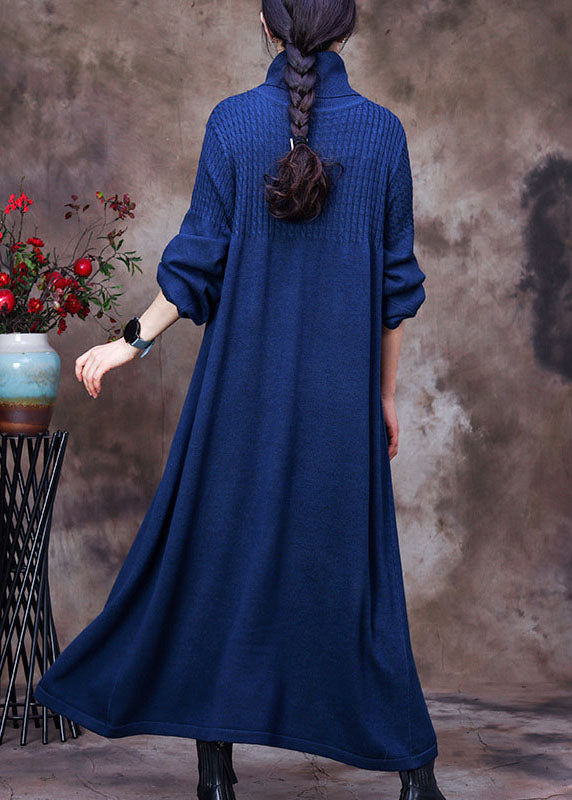 Knit Turtleneck Long Sleeve Ribbed Panel Oversized A-Line Maxi Dress
