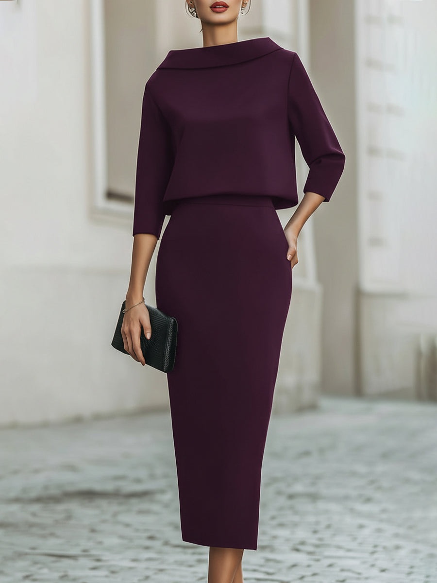 Cowl Neck Top and Straight Midi Skirt Two Piece Set