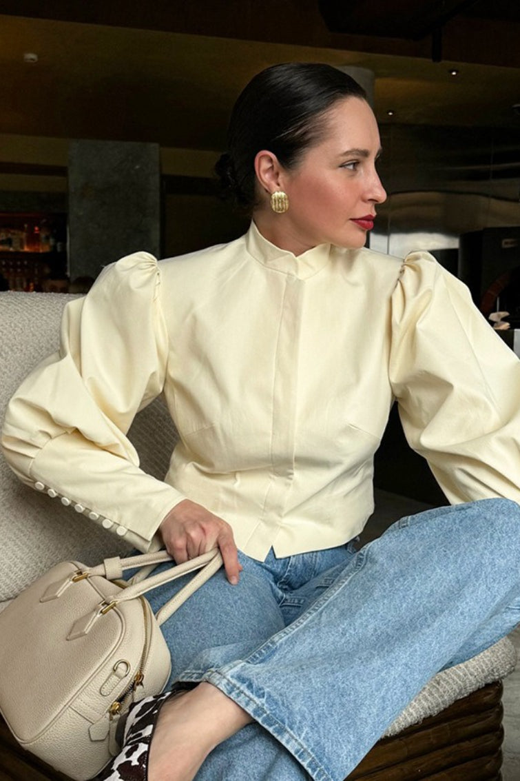Collarless Puff Shoulder Long Sleeve Button Cuff Cropped Jacket 2