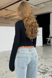 Square Neck Lace Trim Slim Fit Long Sleeve Tee