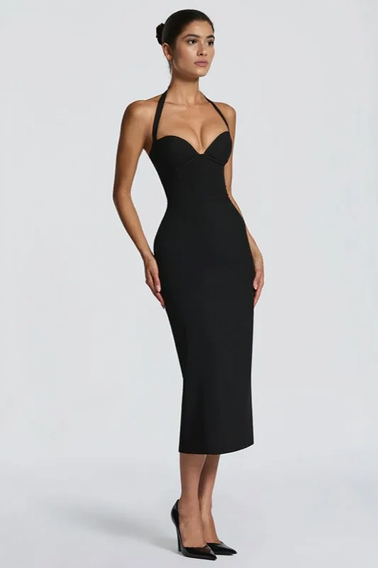 Solid Halter Neck Tie Back Midi Party Dress