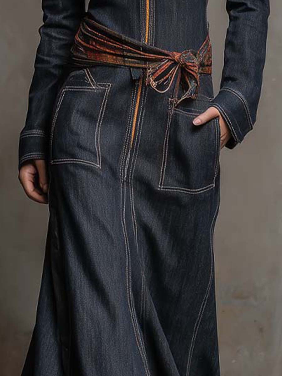 Denim Maxi Dress With Plaid Hem And Waist Tie