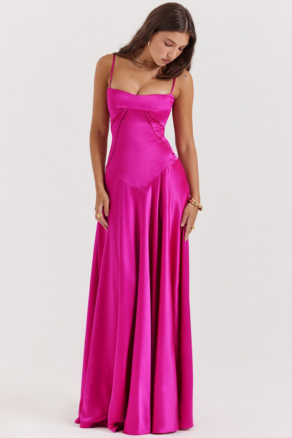 Satin Square Neck Corset Seam Spaghetti Strap Flowy Maxi Dress 4