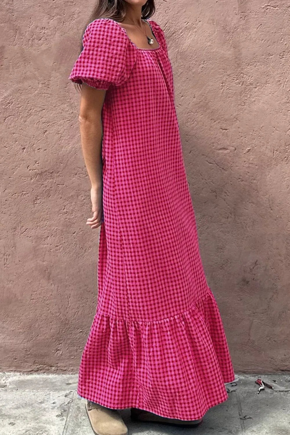 Gingham Puff Sleeve Scoop Neck Ruffle Hem Maxi Dress 4