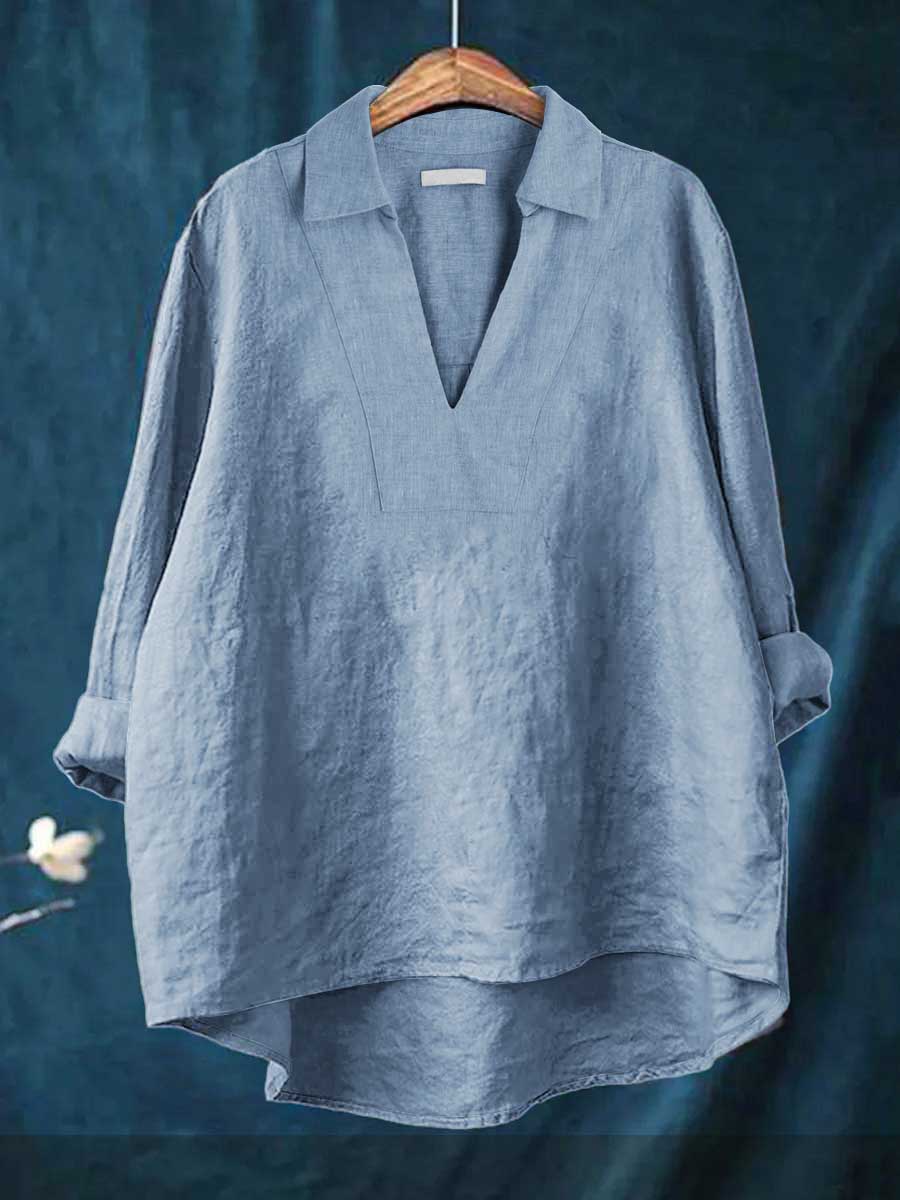 Collared V-Neck Long Sleeve Linen Look Popover Top