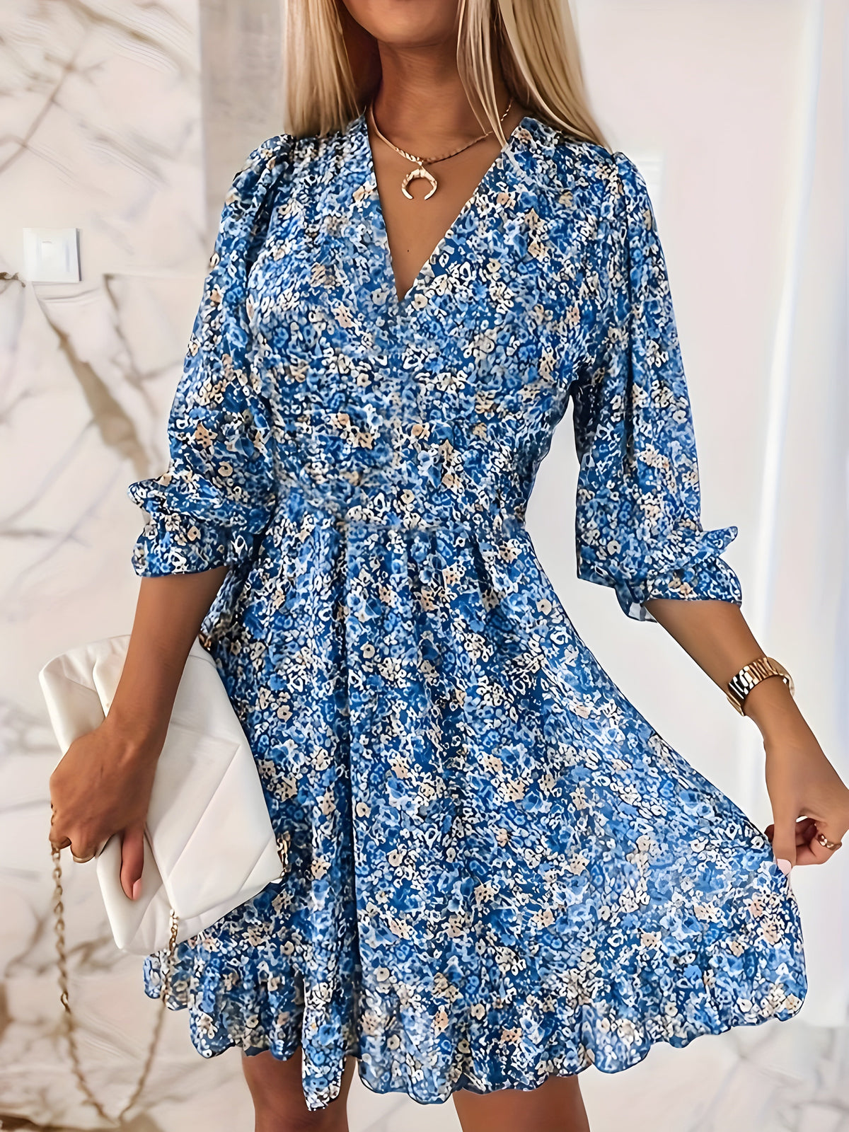 Ditsy Floral V-Neck Long Sleeve Ruffle Hem Mini Dress