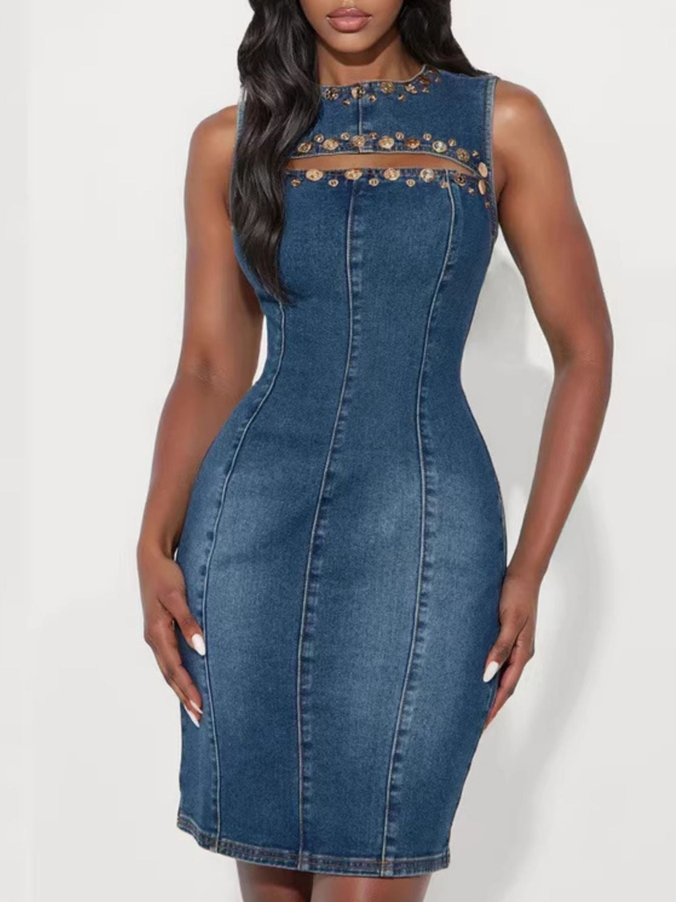Embellished Cutout Sleeveless Denim Dress Navy