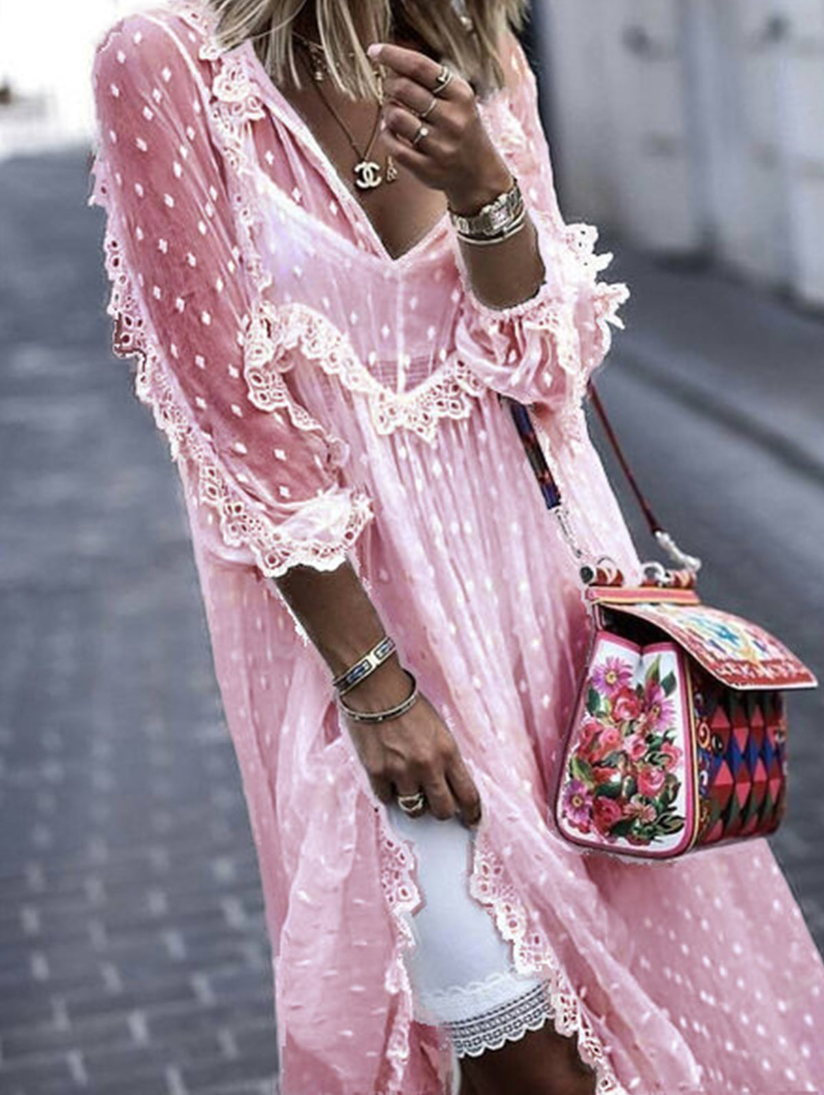 White Jacquard Polka Dot See-through Maxi Dress Long Sleeve - View 3