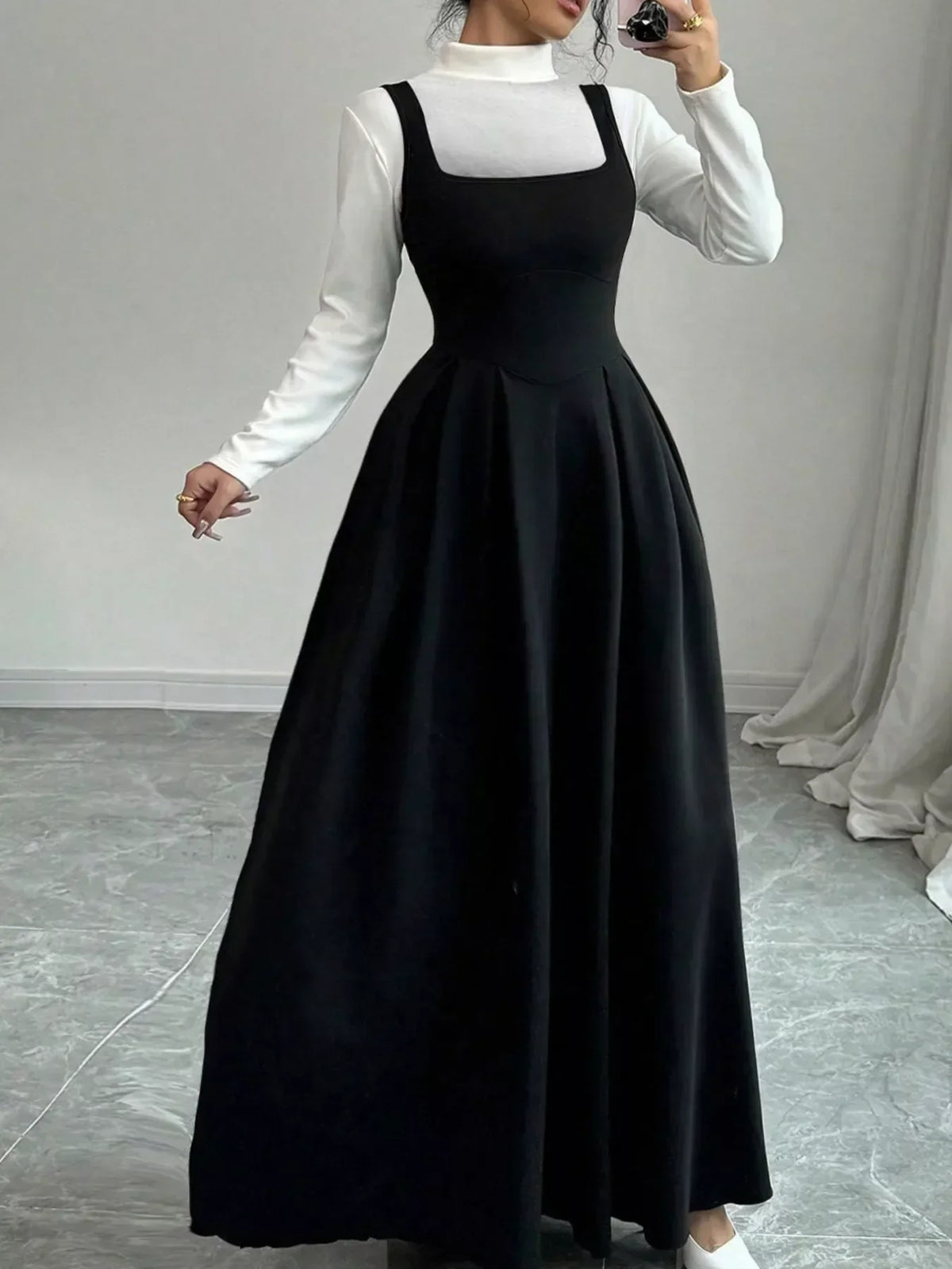 Square Neck Sleeveless Corset Waist Pleated A-Line Maxi Dress 5