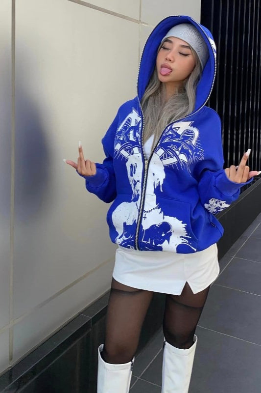 Loose Portrait Print Zip Hoodie