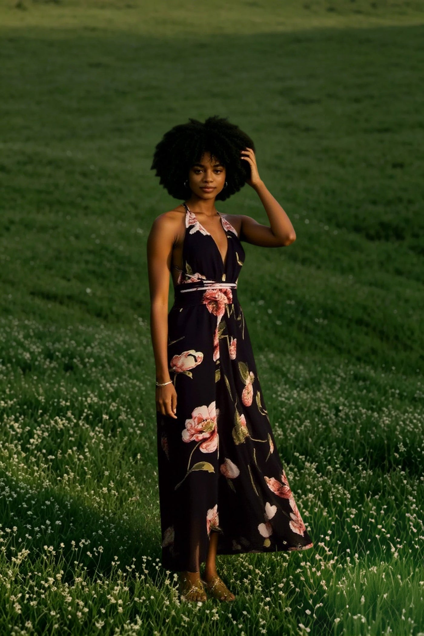 Summer Floral Pleated Backless Robe Evenning- Midi Dresses