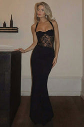Black Halter Lace Panel Waist Tie Bodycon Maxi Lace Dress
