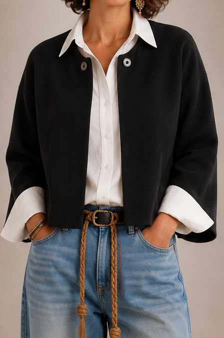 Collared Button Front Textured Knit Cropped Jacket