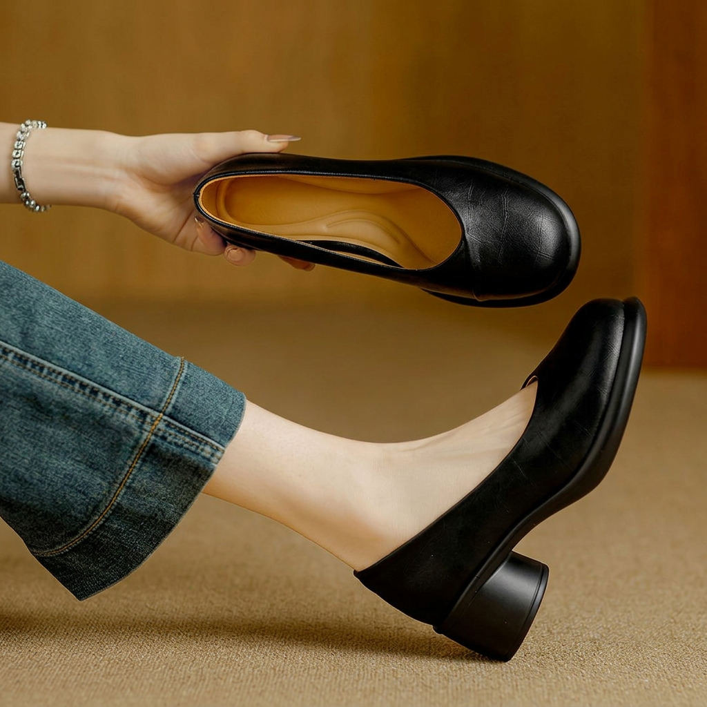 Round Toe Slip On Chunky Block Heel Pumps