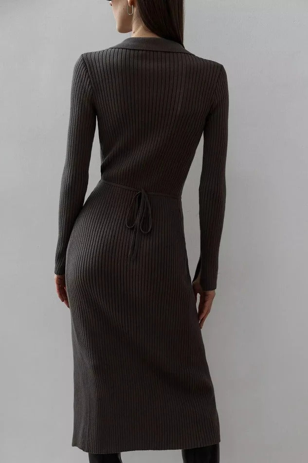 Belted Long Sleeve Solid Knit Sweater Dress