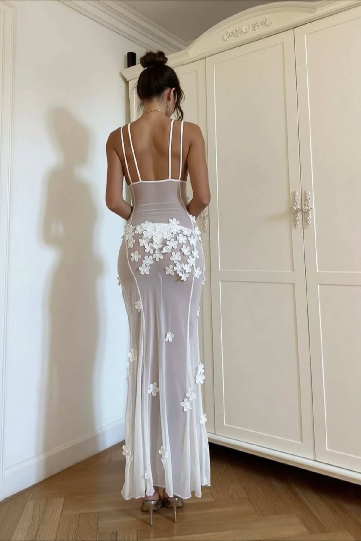Deep V Mesh Backless 3D Floral Slip Dress