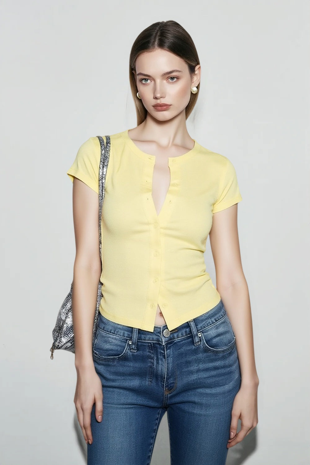 Crew Neck Cap Sleeve Button Front Ribbed Knit Slim Fit Top 2