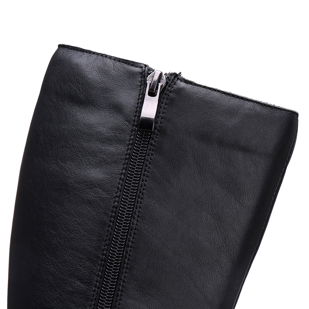 Handmade Soft��Leather Knee High Boots Side Zip Riding Boots Short Plush Lining in Black/Brown