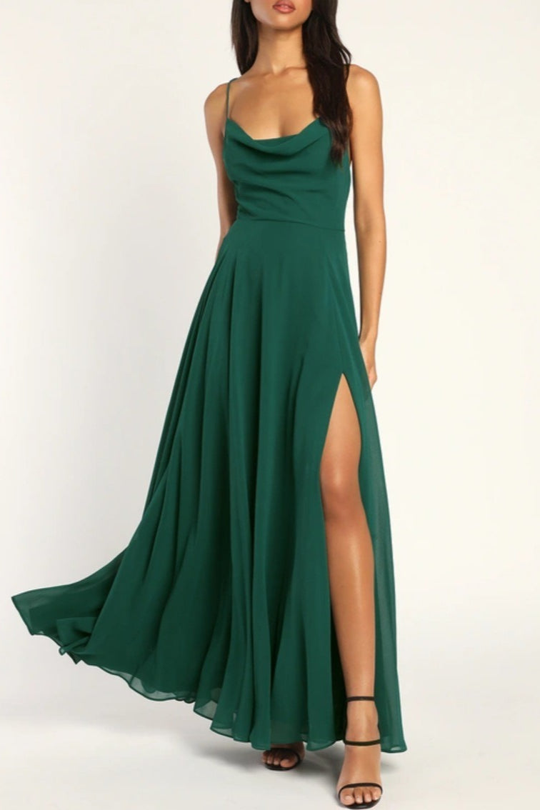 Chiffon Cowl Neck Lace Up Back High Split Maxi Dress