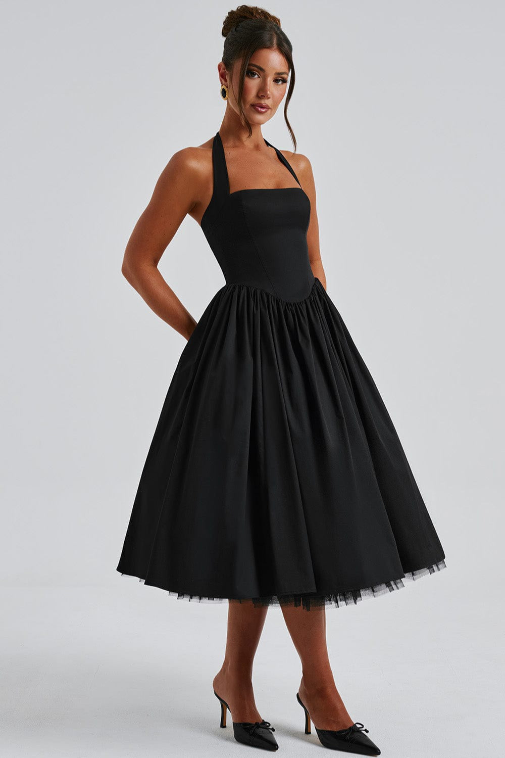 Halter Neck Basque Waist Pocket Gathered A-Line Midi Party Dress