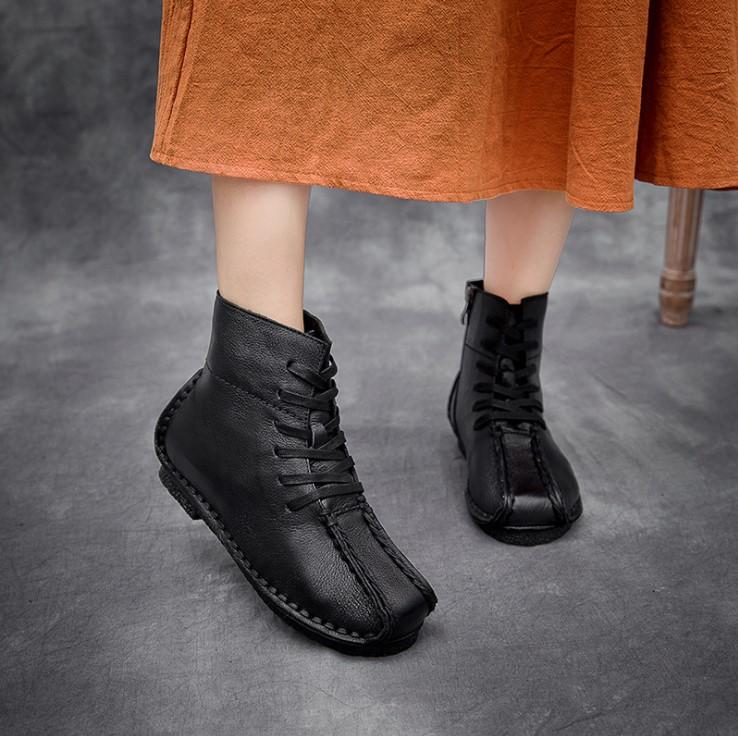 National Style Leather Short Boots For Women Lace Up Green/Black/Brown