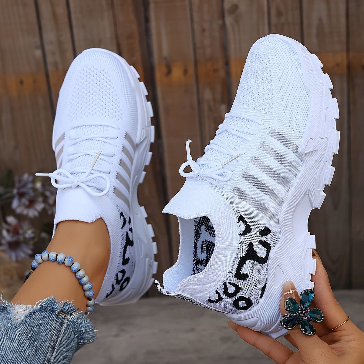 Lace Up Leopard Print Knit Chunky Sneakers
