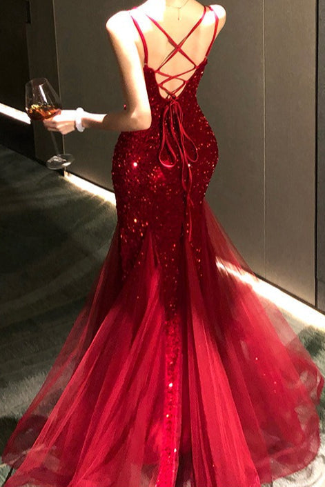 Sequin Sweetheart Spaghetti Strap Tulle Mermaid Maxi Gown