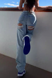 High-Waist Distressed Straight-Leg Denim Jeans
