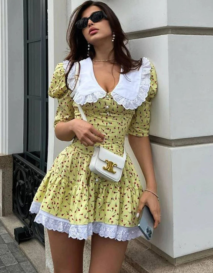 Lace Patchwork Doll Collar Mini Dress - View 3