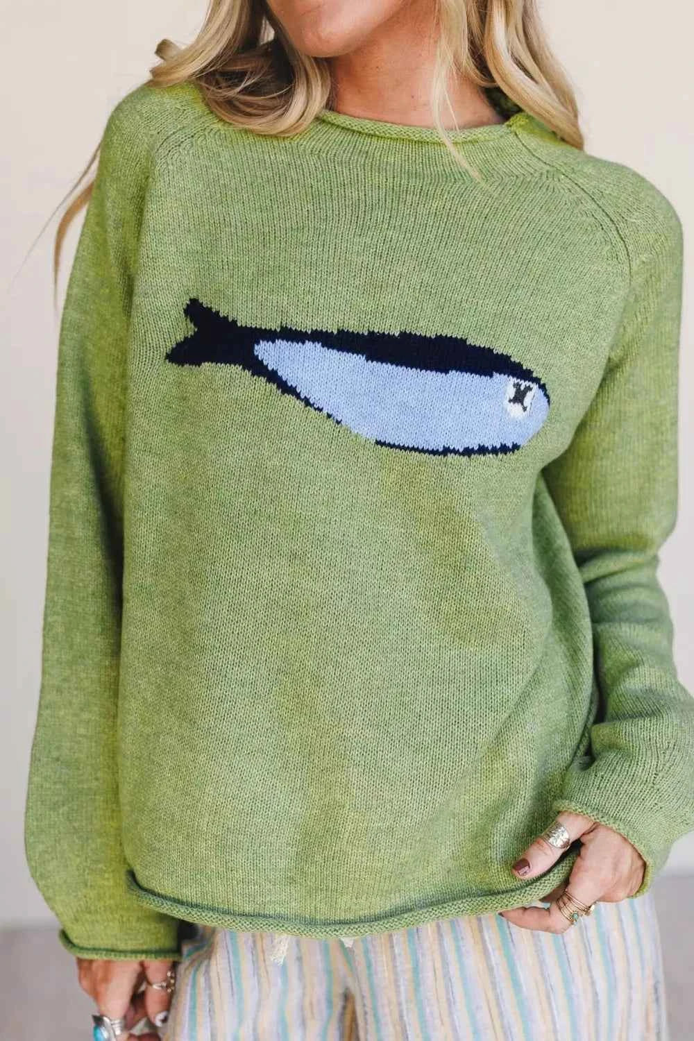 Fish Graphic Round Neck Sweater