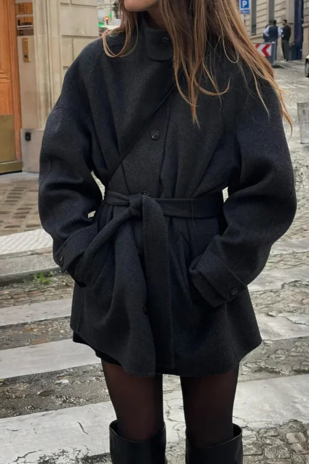 Woolen Turtleneck Belted Single-Breasted Overcoat