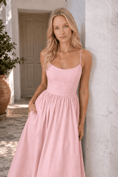 U-Neck Pleated Sundress Midi Dress