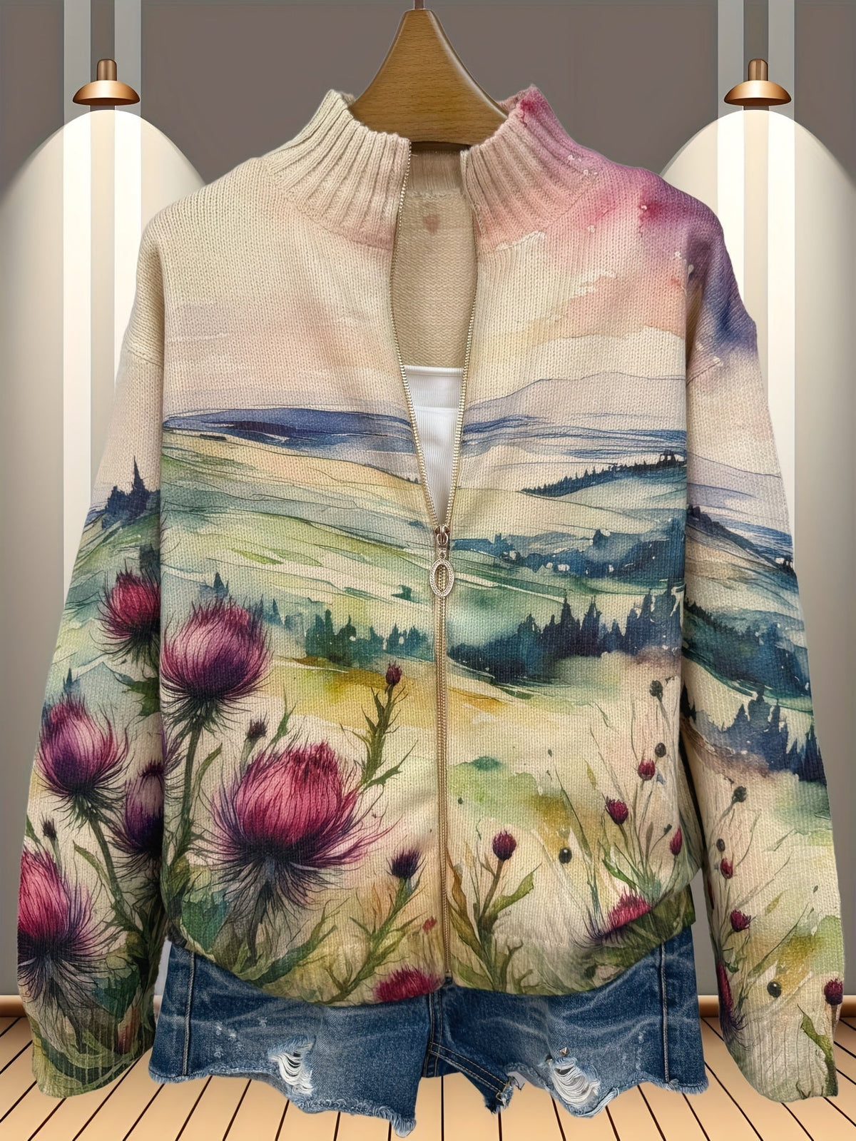 Thistle Landscape Print Zip Front Stand Collar Cardigan