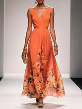 Floral Chiffon Deep V-Neck Sleeveless Pleated Maxi Dress 7